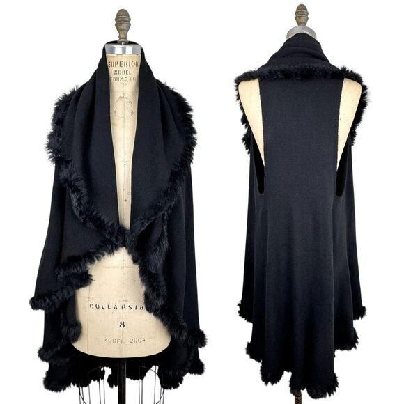 Penny Lane Sleeveless Cardigan Sweater Black OSFM Rabbit Fur Trim Boho Floral - Picture 1 of 12